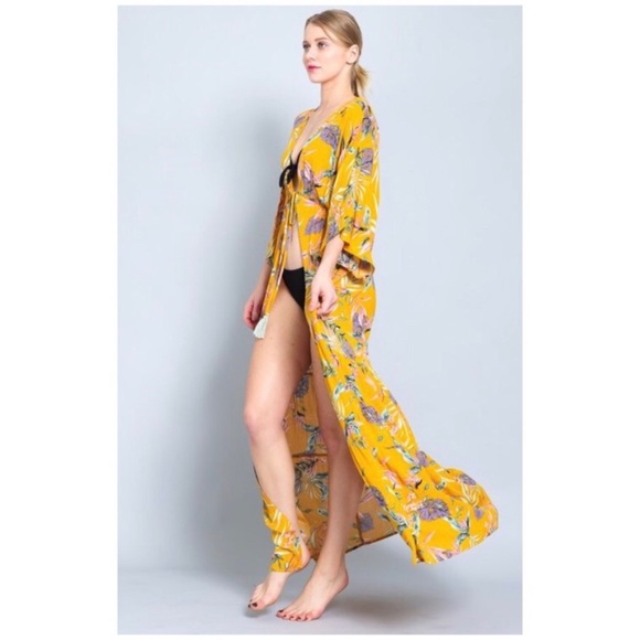 Mustard Floral Maxi Kimono Coverup Wrap Duster - Picture 5 of 8